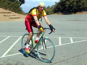 Timothy tests Mike's bike